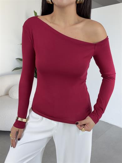 Bordo Buzy Kayık Yaka Tek Omuz Uzun Kol Bady