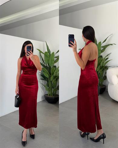 Bordo Degaje Yaka Elbise