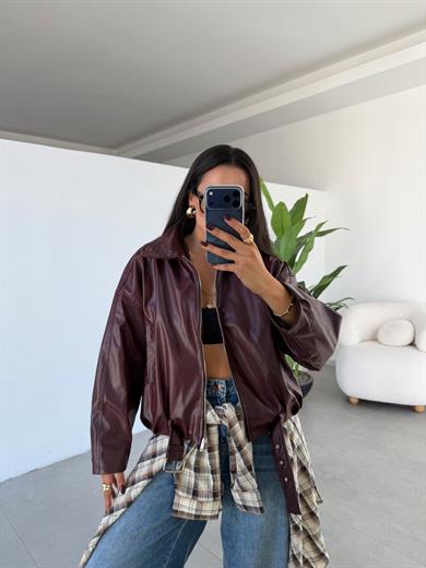 Bordo Deri Kemerli Bomber Ceket