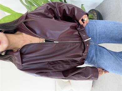 Bordo Deri Kemerli Bomber Ceket