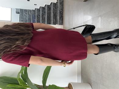 Bordo Dikiş Detaylı Triko Elbise