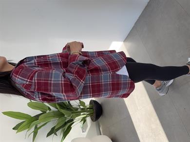 Bordo Ekose Pamuk Oversize Gömlek