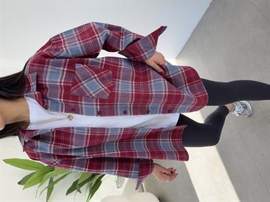 Bordo Ekose Pamuk Oversize Gömlek