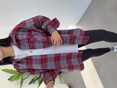 Bordo Ekose Pamuk Oversize Gömlek