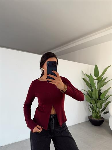 Bordo Fermuar Detaylı Uzun Kollu Bluz