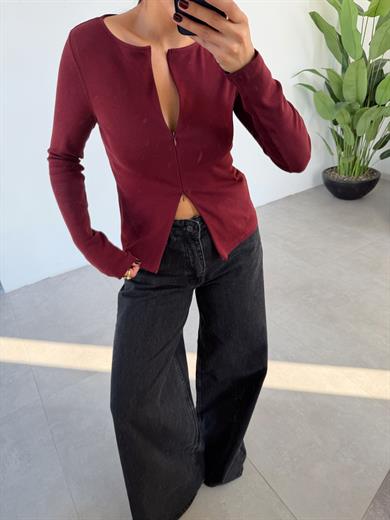 Bordo Fermuar Detaylı Uzun Kollu Bluz