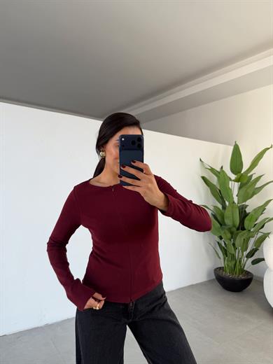 Bordo Fermuar Detaylı Uzun Kollu Bluz