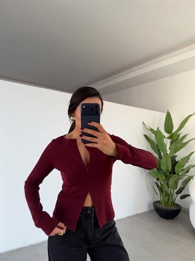 Bordo Fermuar Detaylı Uzun Kollu Bluz