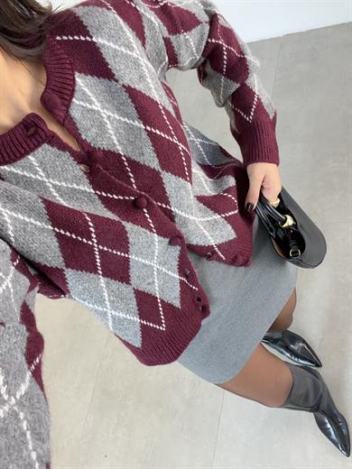 Bordo-Gri Baklava Desen Hırka