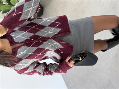 Bordo-Gri Baklava Desen Hırka