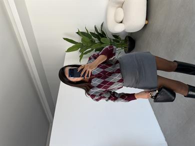 Bordo-Gri Baklava Desen Hırka