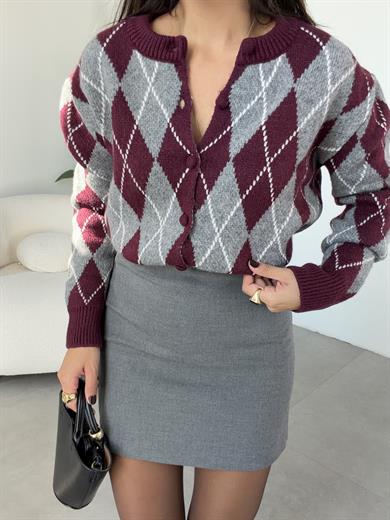 Bordo-Gri Baklava Desen Hırka