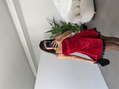 Bordo Kadife Dantel Detaylı Elbise