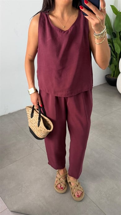 Bordo Kalın Askılı Tensel Kumaş Takım