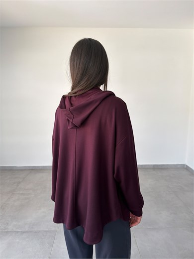 Bordo Kapüşonlu Fermuarlı Rahat Kesim Sweatshirt