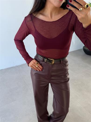 Bordo Kayık Yaka Transparan Bluz