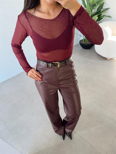 Bordo Kayık Yaka Transparan Bluz