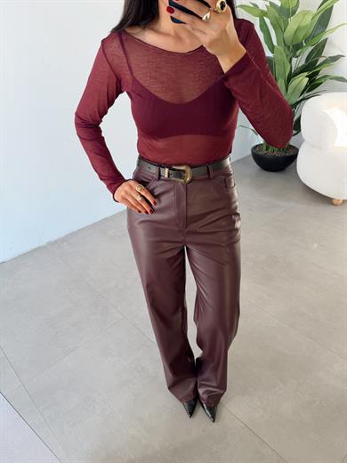 Bordo Kayık Yaka Transparan Bluz