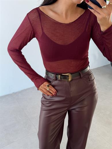 Bordo Kayık Yaka Transparan Bluz