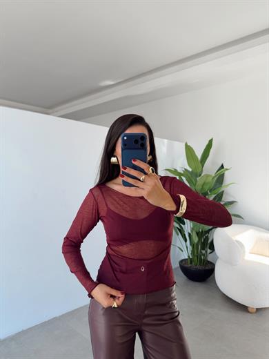 Bordo Kayık Yaka Transparan Bluz