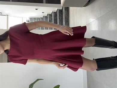 Bordo Kısa Kol Parçalı Kloş Elbise