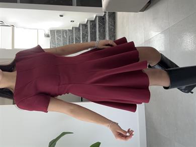 Bordo Kısa Kol Parçalı Kloş Elbise