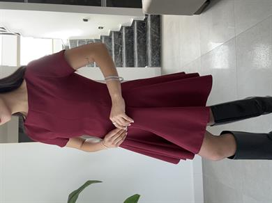 Bordo Kısa Kol Parçalı Kloş Elbise