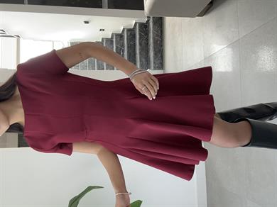 Bordo Kısa Kol Parçalı Kloş Elbise