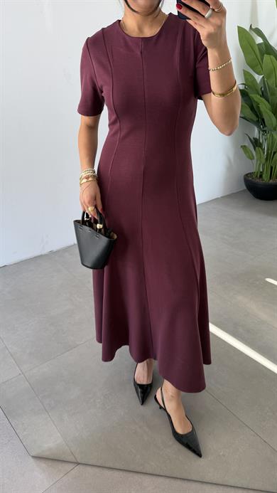 Bordo Kısa Kollu Çelik Kumaş Elbise