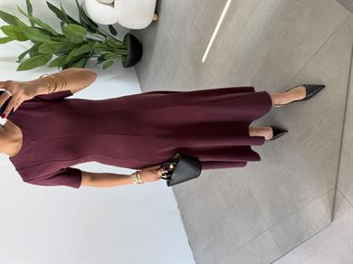 Bordo Kısa Kollu Çelik Kumaş Elbise