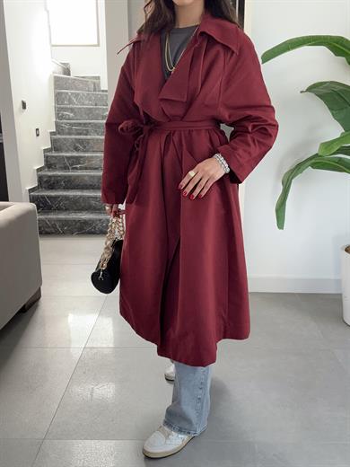 Bordo Kuşaklı Trençkot