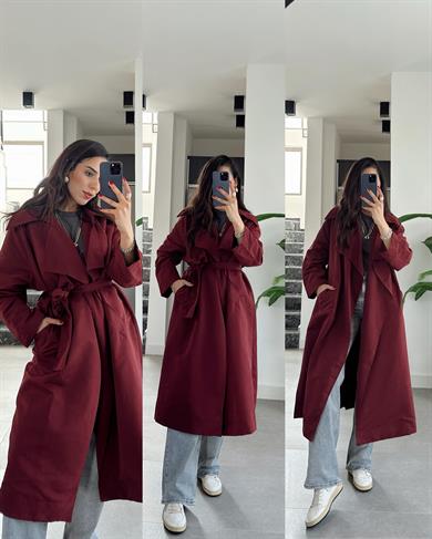 Bordo Kuşaklı Trençkot