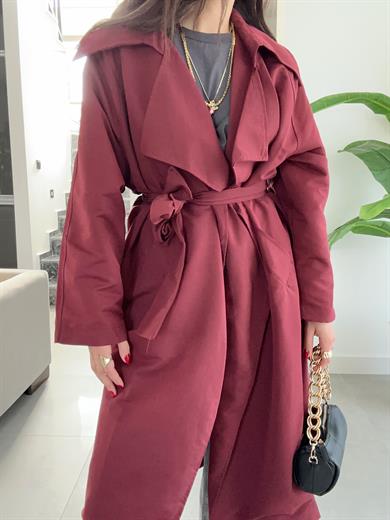 Bordo Kuşaklı Trençkot
