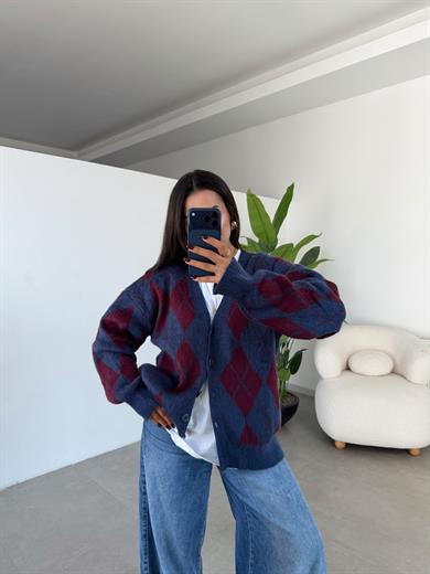 Bordo-Lacivert Baklava Desenli Triko Hırka