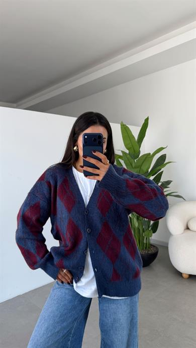 Bordo-Lacivert Baklava Desenli Triko Hırka