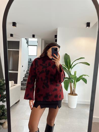 Bordo Leopar Desenli Dik Yaka Kazak