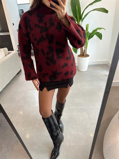 Bordo Leopar Desenli Dik Yaka Kazak