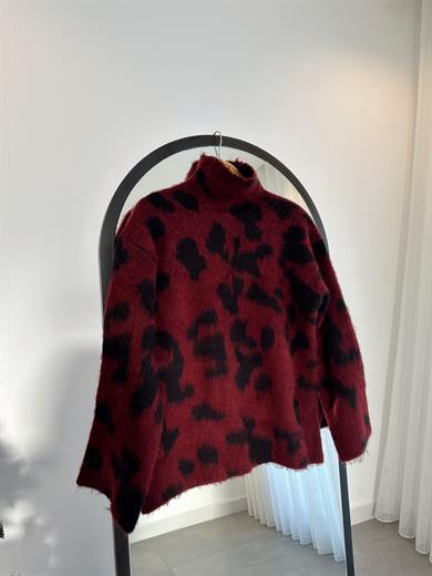 Bordo Leopar Desenli Dik Yaka Kazak