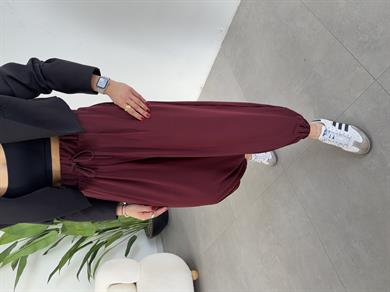 Bordo Likralı Kemerli Şalvar Pantolon