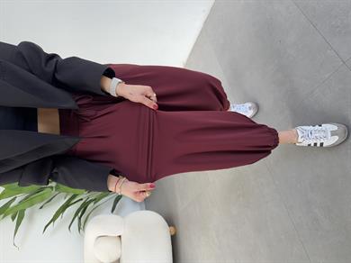 Bordo Likralı Kemerli Şalvar Pantolon