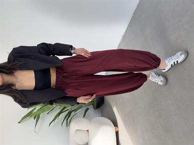 Bordo Likralı Kemerli Şalvar Pantolon