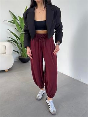 Bordo Likralı Kemerli Şalvar Pantolon