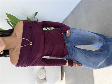 Bordo Madonna Yaka Asimetrik Bluz