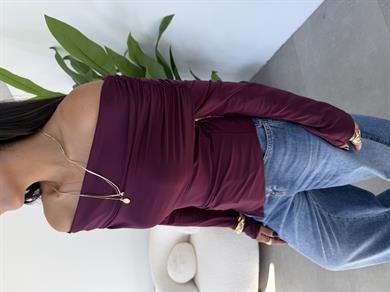 Bordo Madonna Yaka Asimetrik Bluz