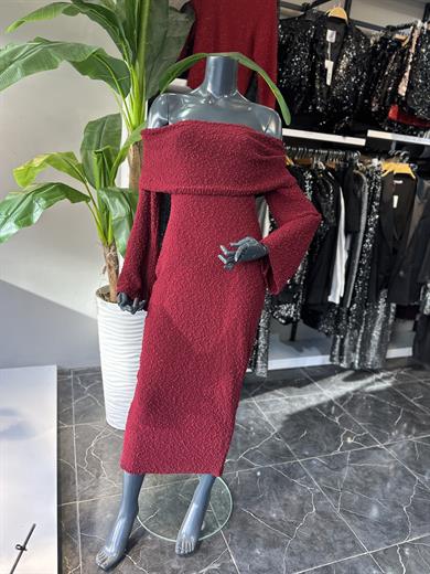 Bordo Madonna Yaka Triko Elbise