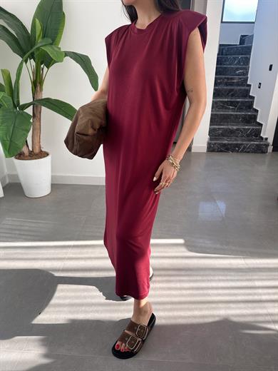 Bordo Modal Kumaş Bisiklet Yaka Vatkalı Elbise