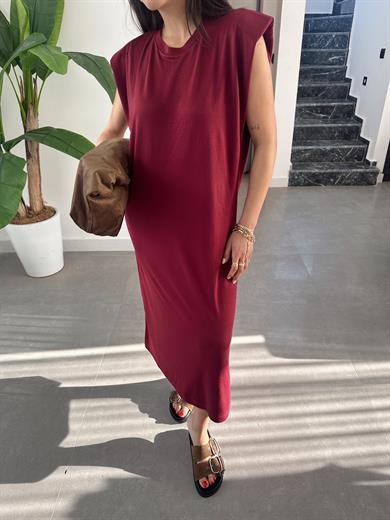 Bordo Modal Kumaş Bisiklet Yaka Vatkalı Elbise