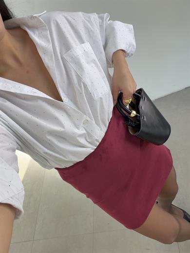 Bordo Nubuk Belik Lastikli Mini Etek