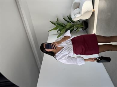 Bordo Nubuk Belik Lastikli Mini Etek