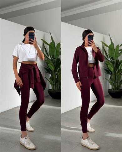 Bordo Oys Fermuarlı Taytlı Takım